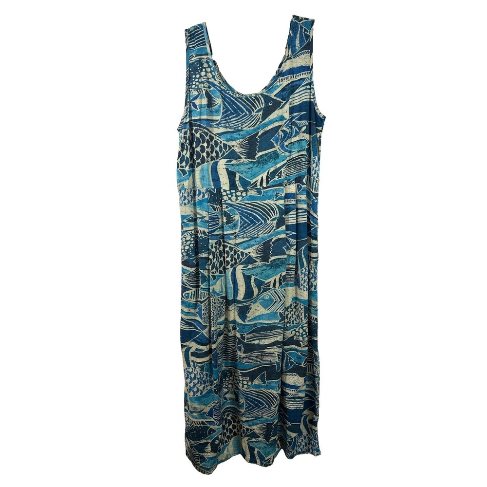 Jams World Rayon Maxi Dress Medium Blue Fish Print Tank Sundress Vintage Style M